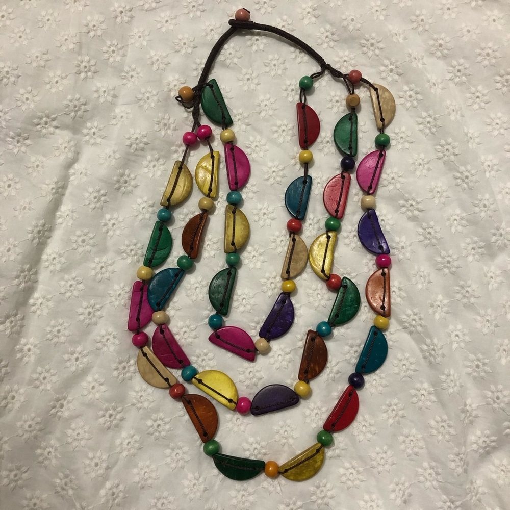 Colorful rainbow layered wooden bead necklace
